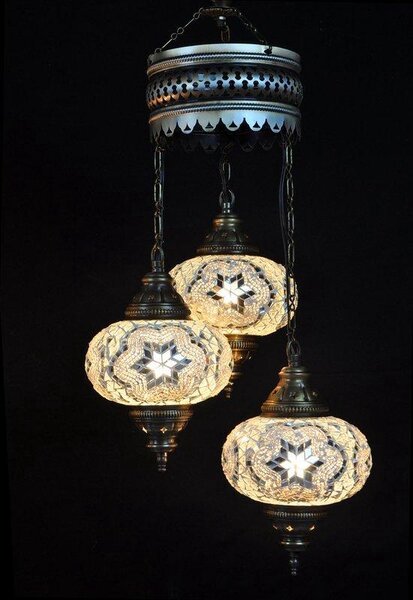 Lampada a sospensione turca - Lampada a mosaico - Lampada marocchina - Autentico lavoro artigianale - 3 sfere di vetro colorate - Altezza 80 cm