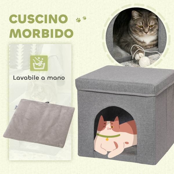 PawHut Casetta per Gatti Pieghevole a Cubo con Cuscino e Tappetino Tiragraffi, 36.5x36.5x36.5 cm, Grigio | Aosom Italy