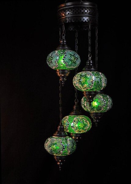 Lampada a sospensione turca verde con 5 sfere a mosaico – lampada orientale per un'illuminazione suggestiva