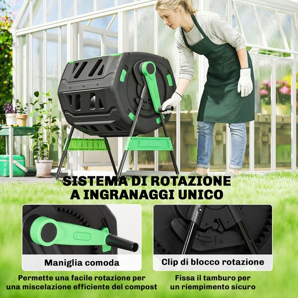 Outsunny Compostiera Domestica 200L a Doppia Camera con 8 Prese D'Aria, in PP e Metallo, 94x67x98 cm, Verde e Nero | Aosom Italy
