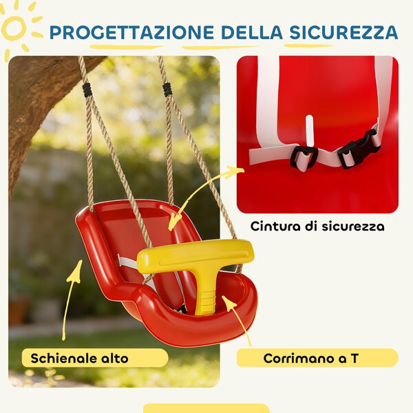 AIYAPLAY Altalena per Bambini 9-36 mesi Regolabile con Corde e Moschettoni, in PE, 28x36x180 cm, Rossa e Gialla | Aosom Italy