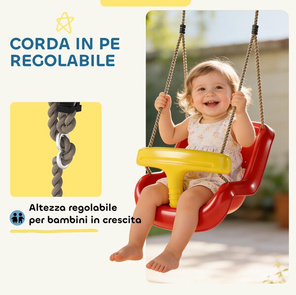 AIYAPLAY Altalena per Bambini 9-36 mesi Regolabile con Corde e Moschettoni, in PE, 28x36x180 cm, Rossa e Gialla | Aosom Italy