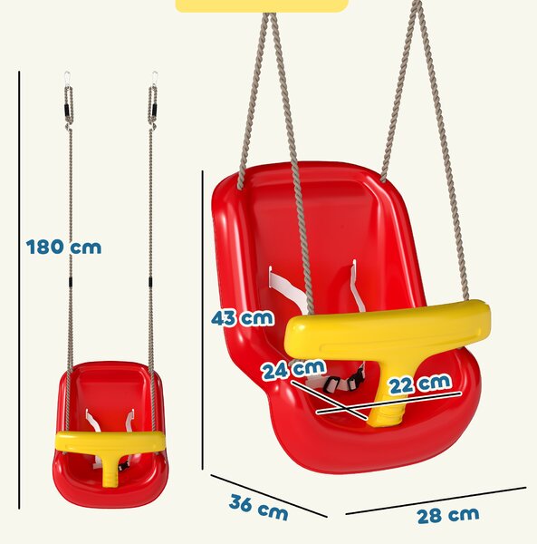 AIYAPLAY Altalena per Bambini 9-36 mesi Regolabile con Corde e Moschettoni, in PE, 28x36x180 cm, Rossa e Gialla | Aosom Italy