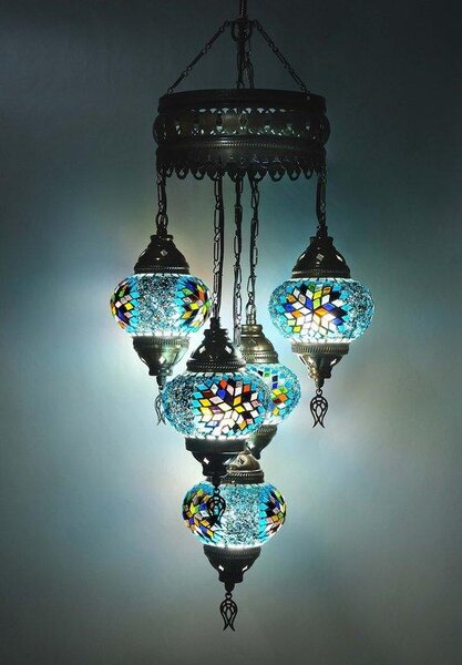 Lampada a sospensione turca a 5 luci in vetro mosaico blu – lampadario orientale dal design unico