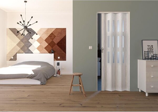 Porta a Soffietto da Interno 88,5x214 cm in PVC con Vetro Florance Pino Sbiancato