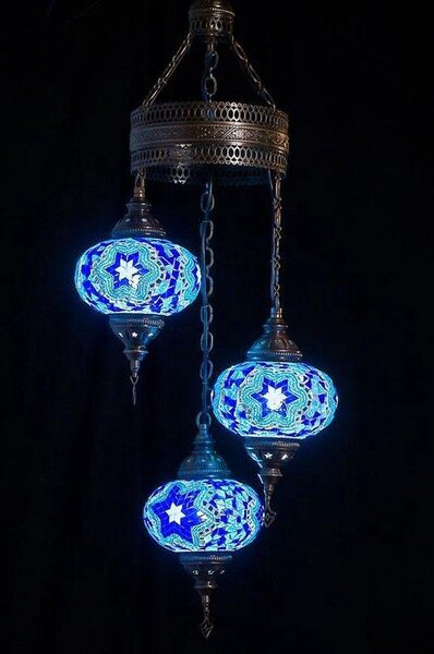 Lampada a sospensione turca con 3 sfere di vetro blu – Lampada orientale per un'illuminazione suggestiva