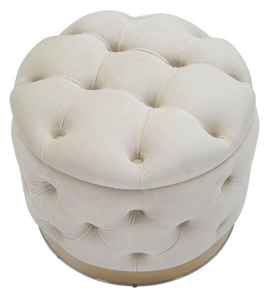 Puff Contenitore Rich Crema Ø55x42 cm in Legno Spugna Poliestere e Acciaio Crema e Oro