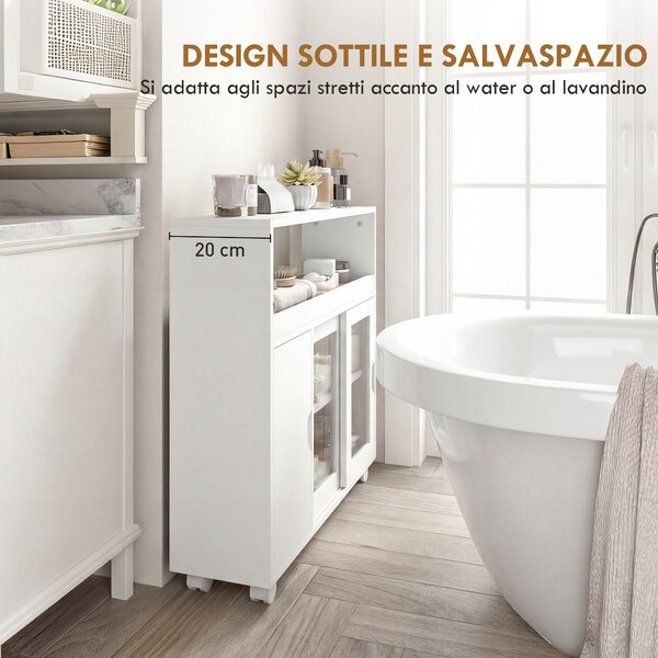 HOMCOM Mobile Bagno con Ruote, Ripiano Regolabile, Porta Scorrevole in Vetro Temperato, Bianco | Aosom Italy