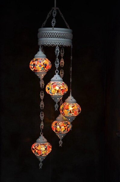 Lampada a sospensione con 5 sfere di vetro colorato a mosaico rosa, lampada da soffitto orientale marocchina, lunghezza 120 cm