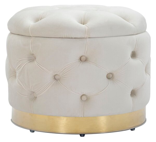 Puff Contenitore Rich Crema Ø55x42 cm in Legno Spugna Poliestere e Acciaio Crema e Oro
