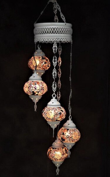 Lampada a sospensione in vetro colorato con 5 sfere a mosaico in stile orientale, lampada da soffitto marocchina in bianco crema