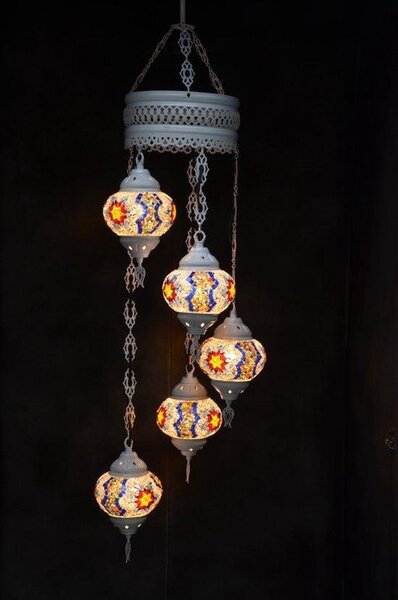 Lampada a sospensione con 5 sfere colorate in vetro mosaico in stile marocchino, lunghezza circa 120 cm, attacco E-14