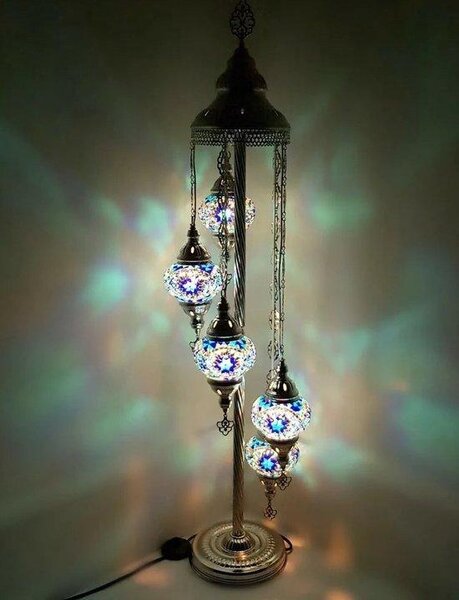 Lampada da terra turca con mosaico - Lampada marocchina fatta a mano - Autentica lampada blu con 5 sfere - 120 cm