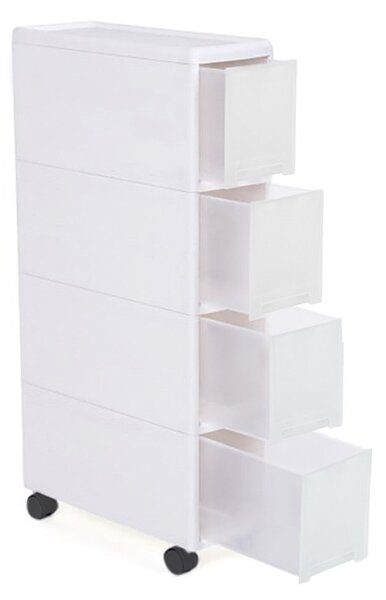 Carrello Stretto Multiuso 4 Cassetti Salvaspazio con Ruote in Plastica Bianco