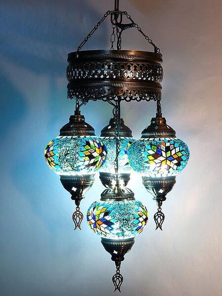 Lampada a sospensione turca a 4 sfere in vetro mosaico multicolore – Lampada da soffitto orientale con 4 sfere in vetro mosaico