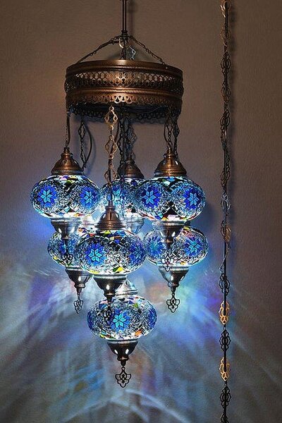 Lampada a sospensione turca a 7 luci in vetro mosaico blu – lampada da soffitto orientale con 7 sfere di vetro