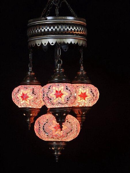 Lampada a sospensione turca a 4 sfere in vetro mosaico rosa - lampadario orientale con 4 sfere in vetro mosaico