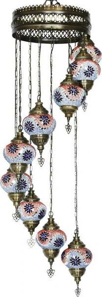 Lampada a sospensione Mosaico Orientale Rosso/Blu, altezza 115 cm, larghezza 30 cm, 9 sfere da 13,5 cm, attacco E14