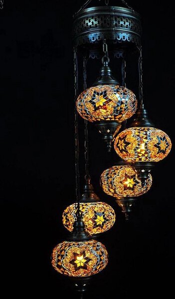 Lampada a sospensione turca con mosaico, lampada da soffitto marocchina realizzata a mano, 5 sfere di vetro colorate, altezza 110 cm, marrone