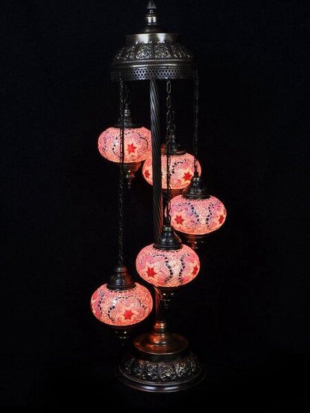 Lampada da terra a mosaico turca realizzata a mano in vetro rosa con 5 sfere – Autentica lampada orientale