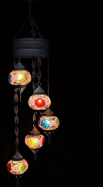 Lampada a sospensione in vetro colorato viola rosa con 5 sfere in mosaico turco, lampada da soffitto marocchina