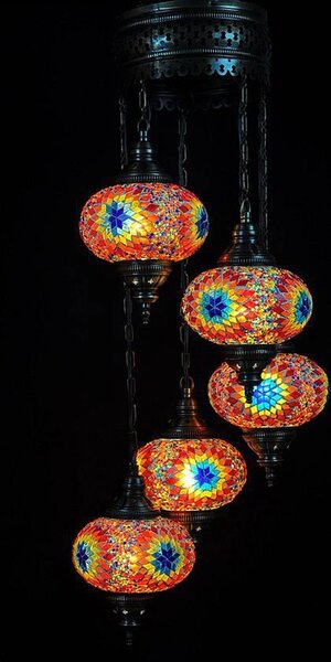 Lampada a sospensione turca - Lampada a mosaico realizzata a mano - Lampada da soffitto marocchina - 5 sfere di vetro colorate - Altezza 110 cm