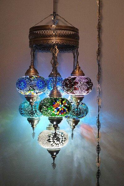 Lampada a sospensione turca a 7 sfere in vetro mosaico multicolore – lampadario orientale con 7 sfere in vetro mosaico