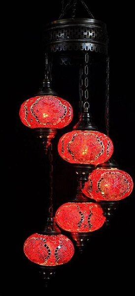 Lampada a sospensione turca - Lampada a mosaico - Lampada marocchina - Autentico lavoro artigianale - Lampadario rosso con 5 sfere