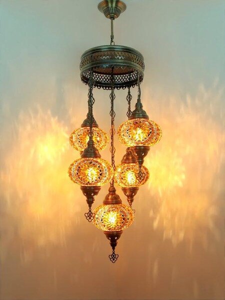 Lampada a sospensione turca a 5 luci in vetro mosaico marrone – lampada da soffitto orientale con 5 sfere