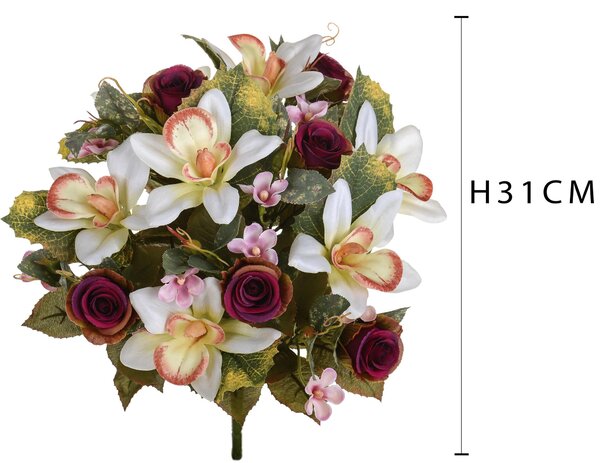 Set 2 Bouquet Artificiale di Orchidee e Rose Altezza 38 cm Marrone/Ciliegia/Bordeaux