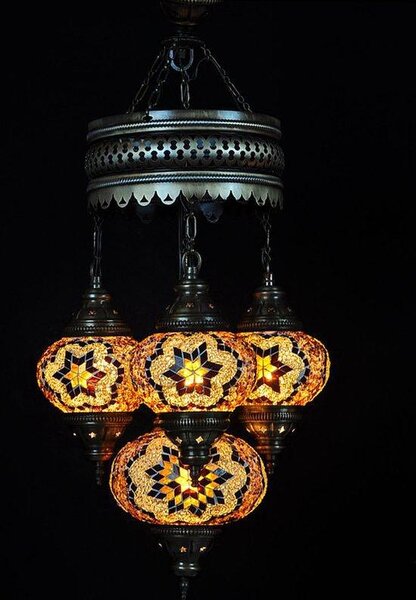 Lampada a sospensione turca a 4 sfere in vetro mosaico marrone – lampada da soffitto orientale con 4 sfere