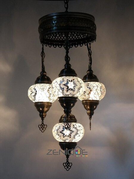 Lampada a sospensione turca Mozaik Lampadario marocchino fatto a mano Bianco 4 sfere di vetro