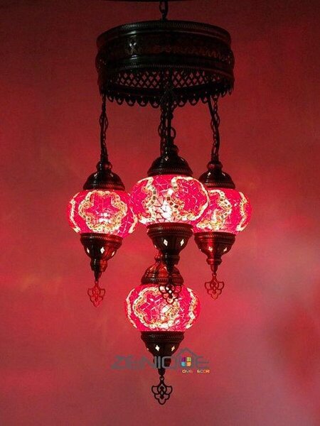 Lampada a sospensione turca Mosaico Lampada marocchina Ostere Fatta a mano Rossa 4 sfere Lampadario