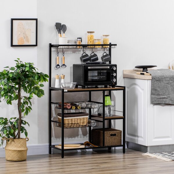 Mobile Cucina con 5 Ganci 3 Ripiani 4 Cestelli 83,5x39x133 cm in MDF e Acciaio Marrone