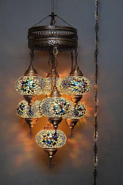Lampada a sospensione turca a 7 luci in vetro mosaico multicolore – Lampada da soffitto orientale con 7 sfere di vetro colorate
