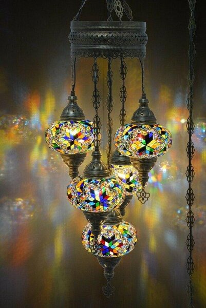 Lampada a sospensione turca a 5 luci in vetro mosaico multicolore – Lampada da soffitto orientale con 5 sfere