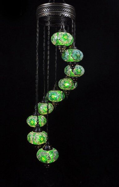 Lampada a sospensione turca a 9 luci in vetro mosaico verde - lampada da soffitto orientale con 7 sfere di vetro