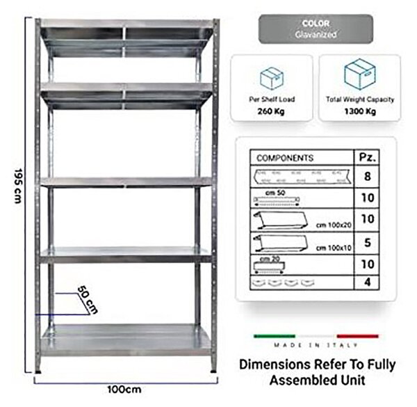 Scaffale in Metallo 5 Ripiani 100x50x195 cm Maciste Zincato