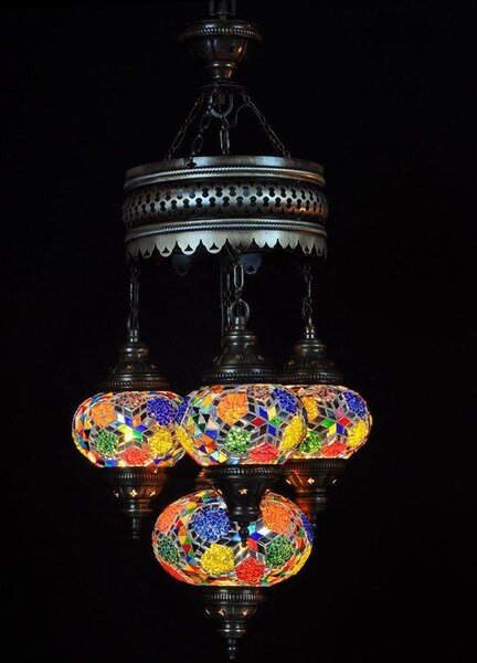 Lampada a sospensione turca a 4 sfere in vetro mosaico dai colori vivaci – lampada da soffitto orientale con 4 sfere in vetro mosaico