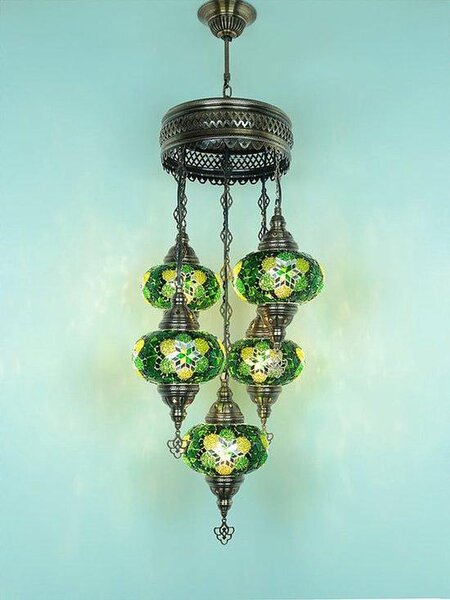 Lampada a sospensione turca a 5 sfere in vetro mosaico verde – lampadario orientale con 5 sfere in vetro mosaico