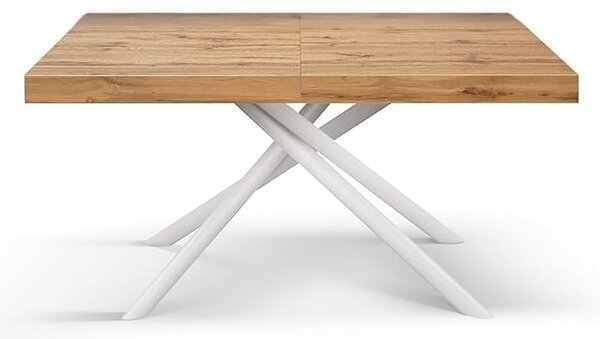 Tavolo allungabile rovere rustico con gambe incrociate bianche tubolari menego 140x90