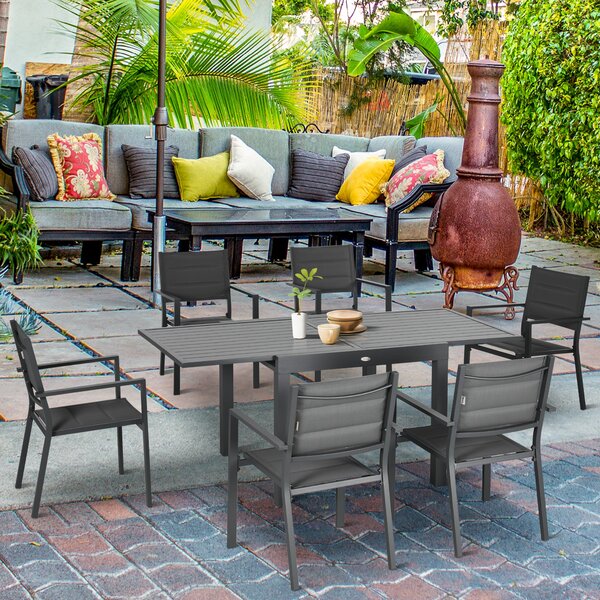 Set Tavolo Allungabile e 6 Sedie da Giardino in Alluminio Grigio