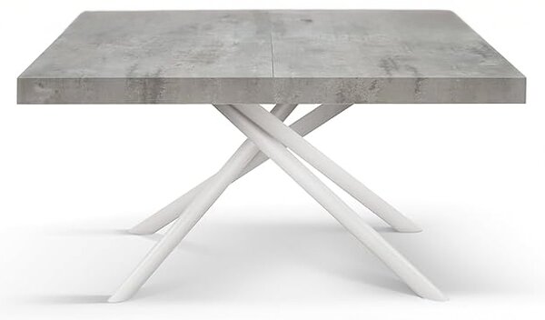 Tavolo allungabile grigio cemento con gambe incrociate bianche tubolari menego 160x90