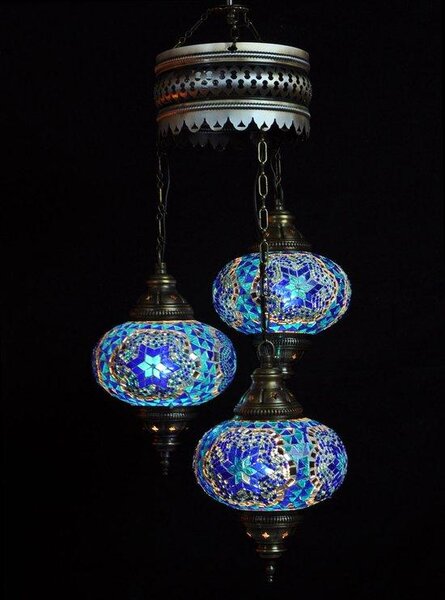 Lampada a sospensione turca a 3 sfere in vetro blu – lampadario orientale a 3 sfere