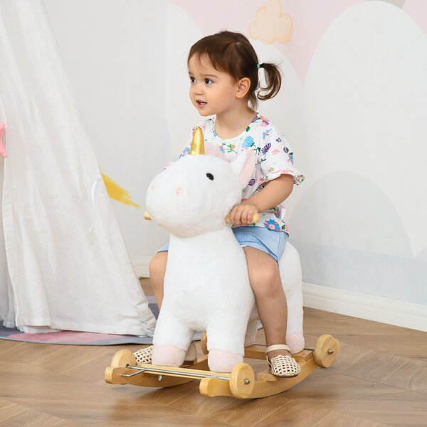 Cavallo a Dondolo Unicorno per Bambini in Legno e Peluche Unicorno Bianco