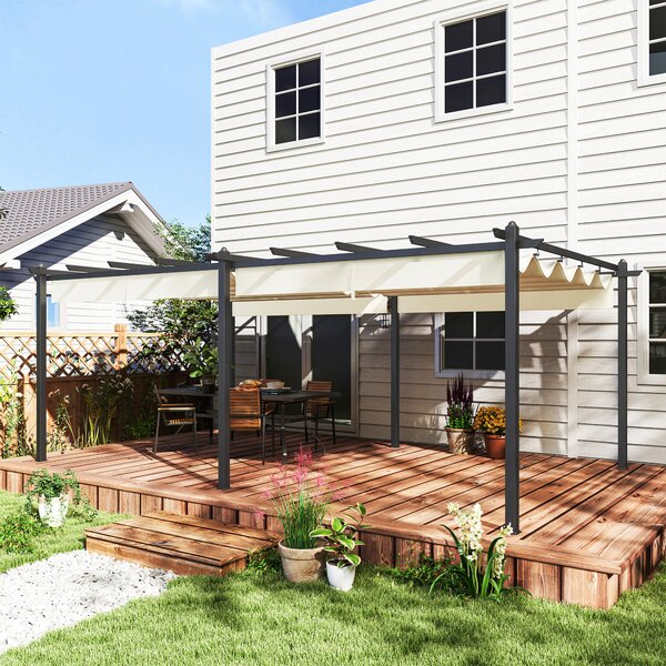Outsunny Pergola retrattile per terrazza con Telo del tetto scorrevole, struttura in alluminio e poliestere, 3,5 x 6 m, beige | Aosom Italy