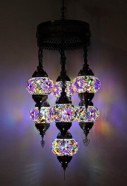 Lampada a sospensione turca a 7 sfere in vetro mosaico multicolore – lampadario orientale con 7 sfere in vetro mosaico