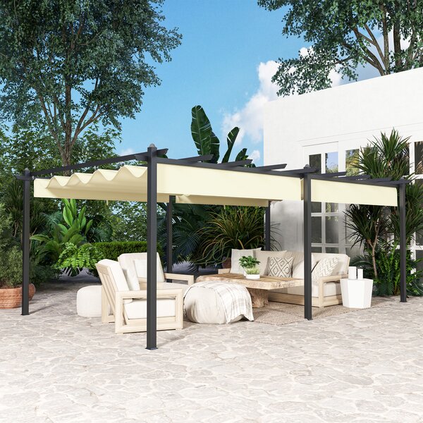 Outsunny Pergola retrattile per terrazza con Telo del tetto scorrevole, struttura in alluminio e poliestere, 3,5 x 6 m, beige | Aosom Italy