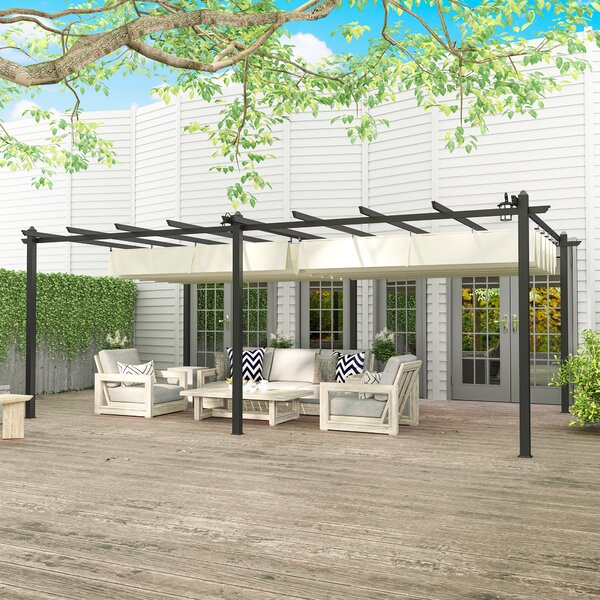 Outsunny Pergola retrattile per terrazza con Telo del tetto scorrevole, struttura in alluminio e poliestere, 3,5 x 6 m, beige | Aosom Italy