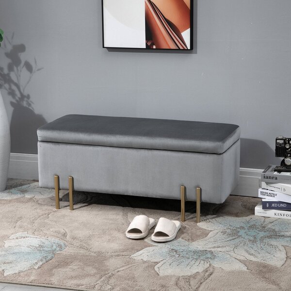 Panca Pouf Contenitore in Tessuto Imbottito 100x40x42 cm Grigio Chiaro